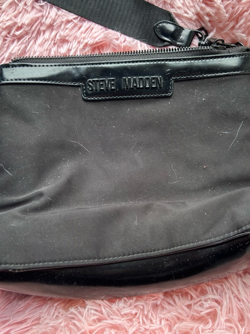 Steve Madden Black Canvas/ Black Patent Leather Cross Body Bag with Gloss Trim